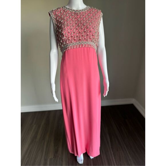 Vintage 60’s Beaded Bodice Gown Maxi Dress With Back Bows - Picture 3 of 13